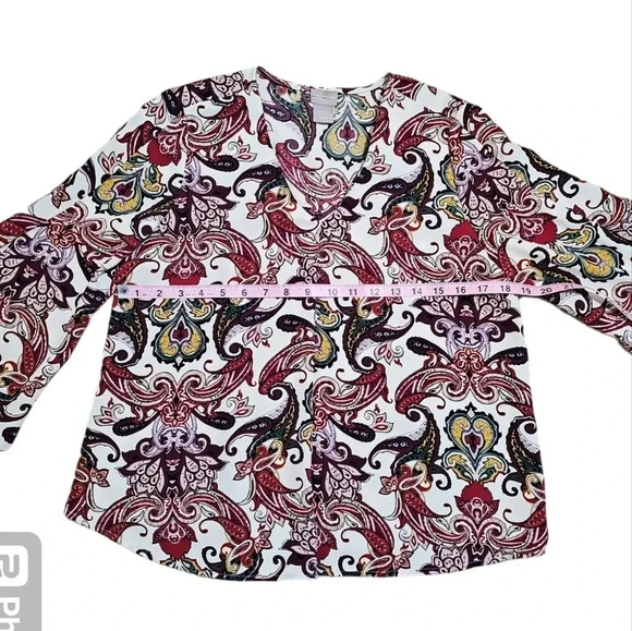 Chico’s 2P Petite Large Paisley Boho Peasant Blouse Slit Bell Sleeve Vintage Top - Picture 7 of 8